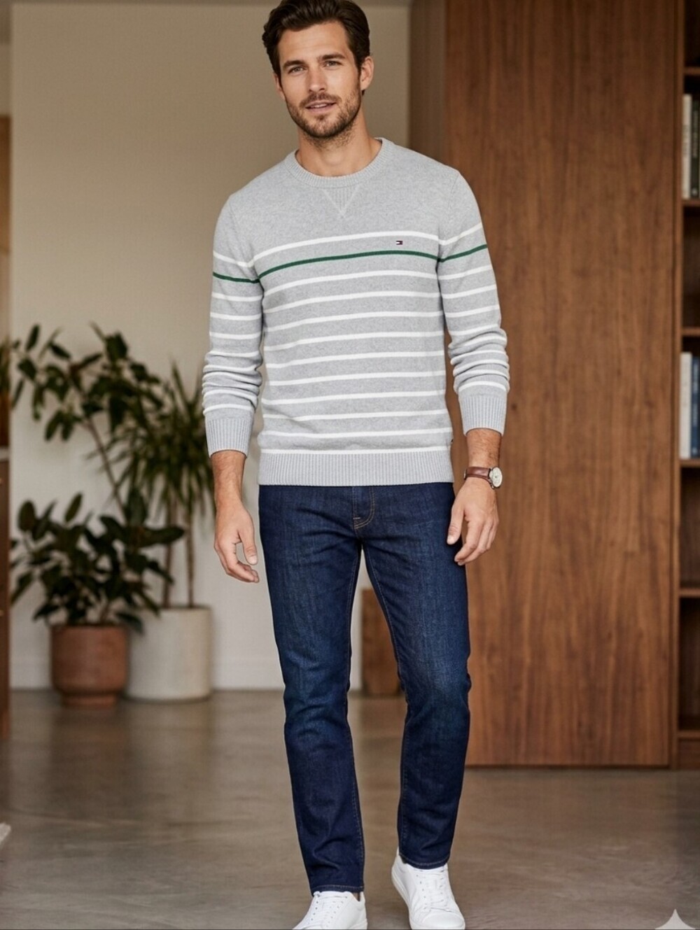 Tommy Hilfiger Light Gray Striped Crewneck Sweater 100 Cotton Like New Size M